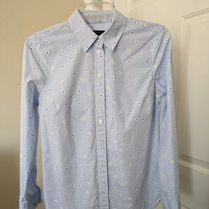 Talbots, Button up women's shirt, size XS, white and blue striped with flowers
